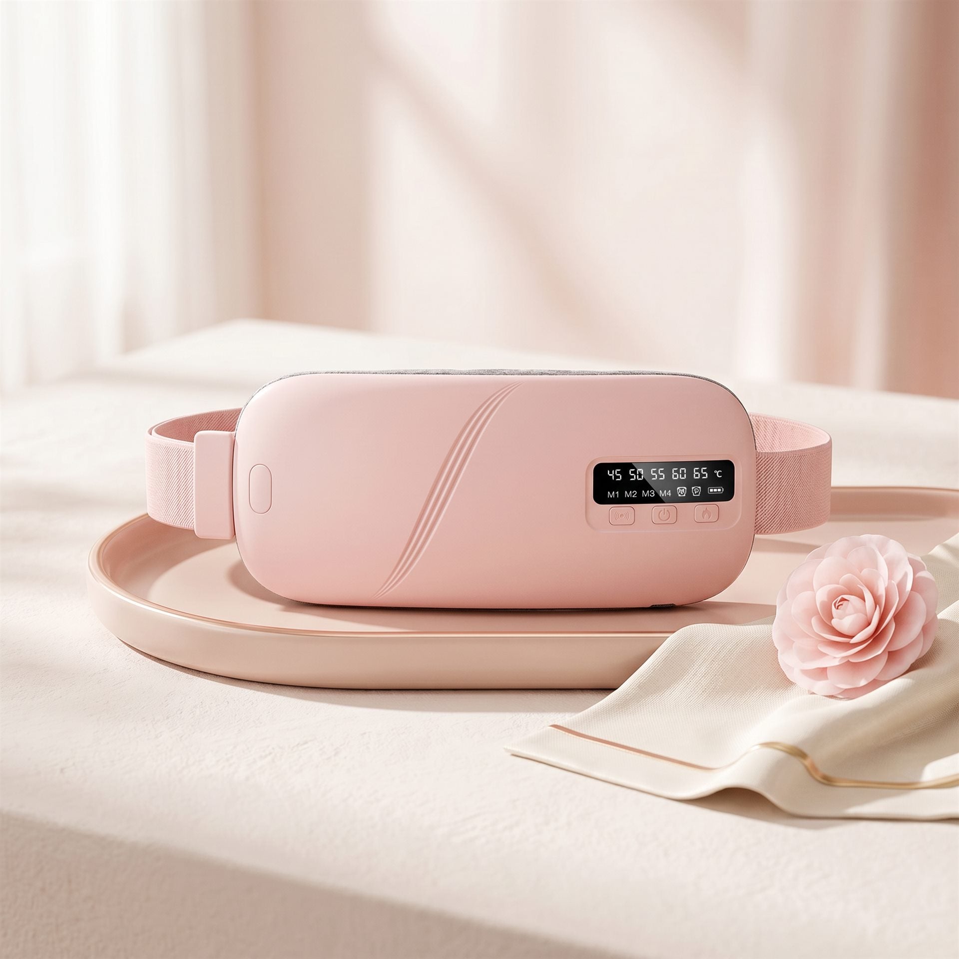 The Warmellia heating pad on a soft pink tray